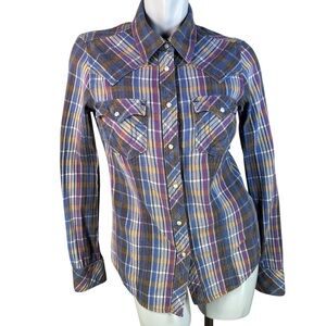 True Religion 100% Cotton Multi-Colored Plaid Western Pearl Snap Shirt in Large